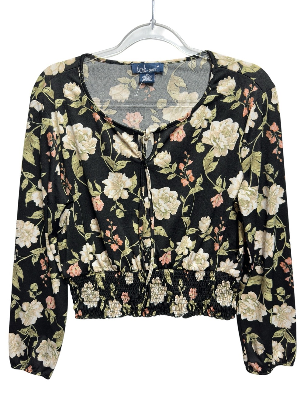 Silky Knit Floral Garden Vines Leaf Smocked Blouse Top